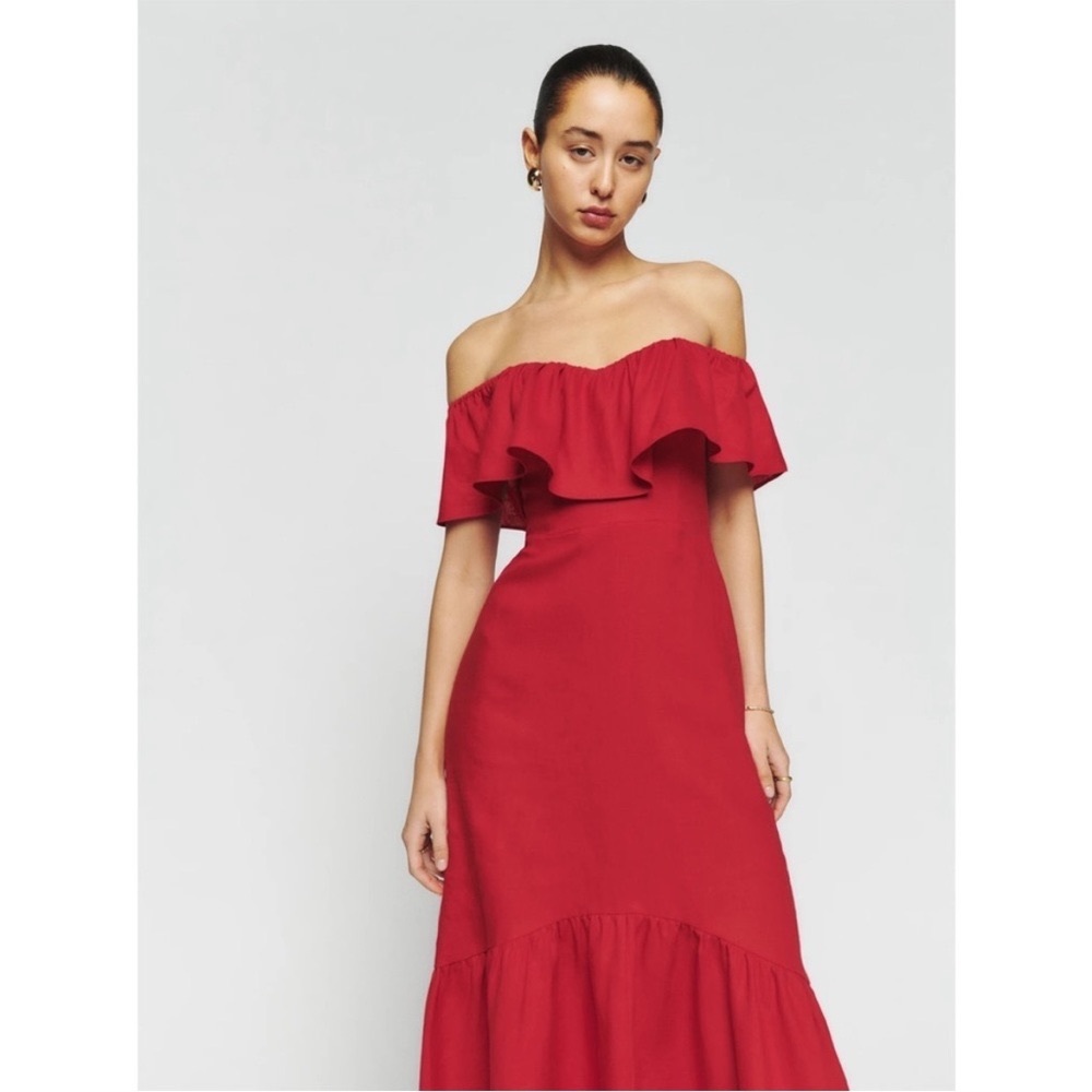 Reformation Baela Linen Dress in Cherry Red 0